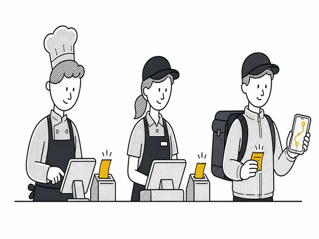 Illustration reliant un écran de cuisine, une caisse, un livreur et une borne en salle